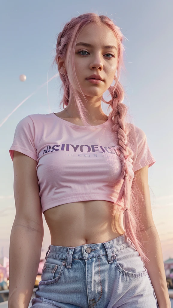 Young woman, pink eyes, long braided pink hair, pink, lots of pink, white cropped t-shirt, pink jeans, bubble gum, cotton candy, pink sky, pink moon, all is pink, beautifully lit, stunning environment, insanely detailed