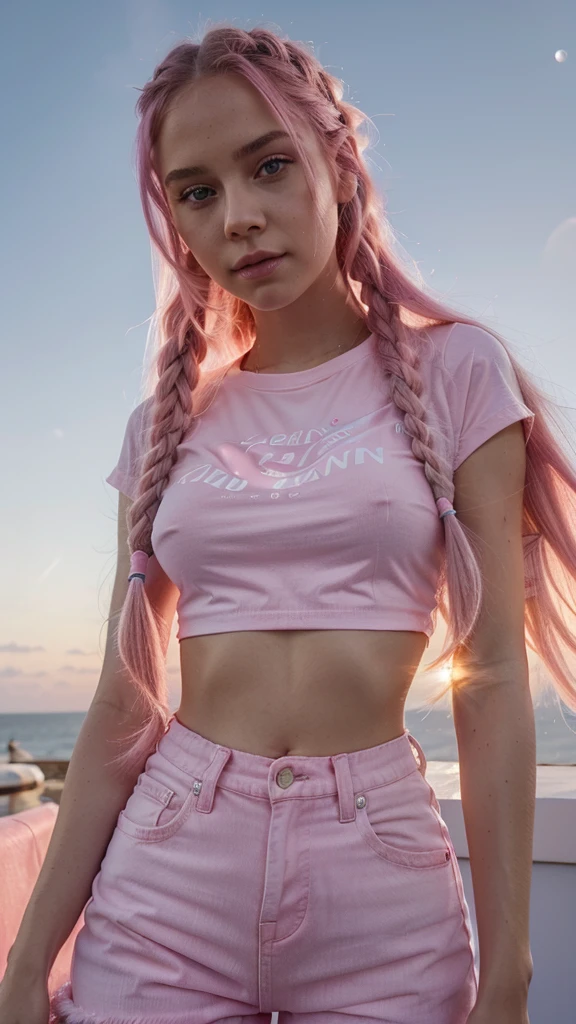 Young woman, pink eyes, long braided pink hair, pink, lots of pink, white cropped t-shirt, pink jeans, bubble gum, cotton candy, pink sky, pink moon, all is pink, beautifully lit, stunning environment, insanely detailed