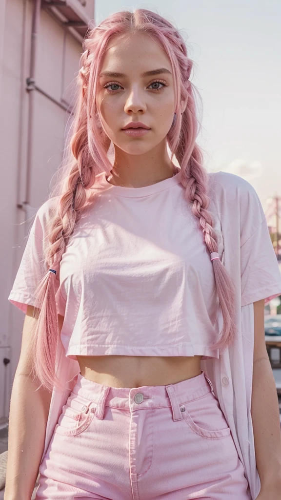 Young woman, pink eyes, long braided pink hair, pink, lots of pink, white cropped t-shirt, pink jeans, bubble gum, cotton candy, pink sky, pink moon, all is pink, beautifully lit, stunning environment, insanely detailed