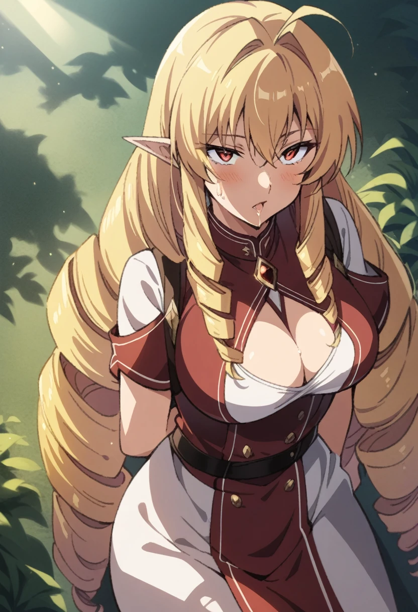 anime art style, (2d), ((masterpiece)), best quality, very aesthetic, absurdres, (dynamic shadows), (atmosferic), ((shikimorisan)), elinalisedragonroad, (1girl), blonde hair, long hair, ((drill hair)), red eyes, narrowed eyes, detailed eyes, pointy ears, ahoge, hair between eyes, bangs, big breasts, makeup, ((curvy body)), sweat, sexy, cleavage, uniform, red tie, clothes lift, ahegao, tongue, saliva, ((cowboy shot)), (hands on own breasts), ((wariza)), from back, (night), (stars), (forest), looking at viewer