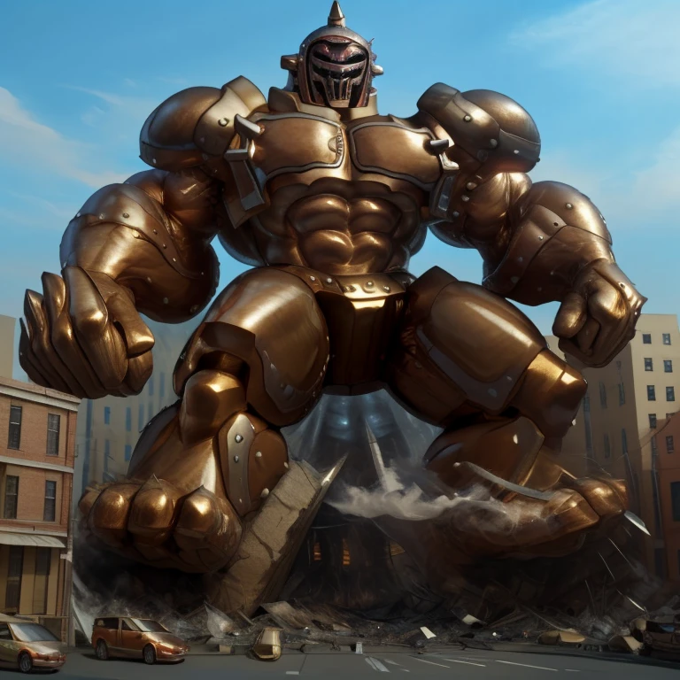 SOLO (masterpiece. official art. 8k. best quality. detailed full body. full body.)

(situation 1 : dominating Armored Flazzard. Armored Flazzard is over 1000 meters long. focus GIANT mechanical Muscular Armored Flazzard is trampling the city. Looking down. macro. stomp. Low-angle perspective. emphasizing the immense size.)

(situation 2 :smoke and flames rising from the destruction in the city)

(Additional details 1: real texture material. whole body shines like metal. emphasizes the muscles. suit fully made of metal.).

(Additional details 2: Detailed head. Detailed Body. Detailed abs. gigantic muscles. HYPER MUSCLES. Gigachad Muscular. big muscle. pecs. triceps. traps. unusually developed muscular body. body full of huge muscles. showing off muscles. pectorales enormes. Exaggeratedly huge muscles. huge muscles. long legs.).
his back he wears a golden cloak.