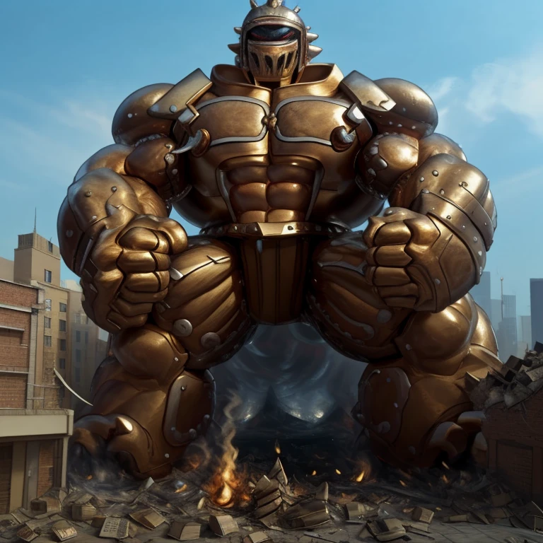 SOLO (masterpiece. official art. 8k. best quality. detailed full body. full body.)

(situation 1 : dominating Armored Flazzard. Armored Flazzard is over 1000 meters long. focus GIANT mechanical Muscular Armored Flazzard is trampling the city. Looking down. macro. stomp. Low-angle perspective. emphasizing the immense size.)

(situation 2 :smoke and flames rising from the destruction in the city)

(Additional details 1: real texture material. whole body shines like metal. emphasizes the muscles. suit fully made of metal.).

(Additional details 2: Detailed head. Detailed Body. Detailed abs. gigantic muscles. HYPER MUSCLES. Gigachad Muscular. big muscle. pecs. triceps. traps. unusually developed muscular body. body full of huge muscles. showing off muscles. pectorales enormes. Exaggeratedly huge muscles. huge muscles. long legs.).
his back he wears a golden cloak.