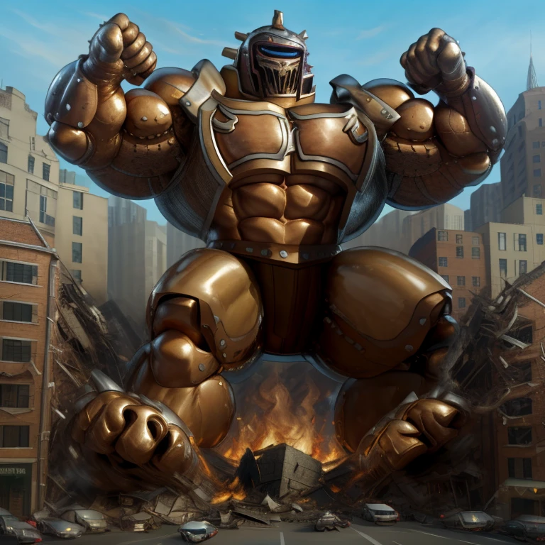 SOLO (masterpiece. official art. 8k. best quality. detailed full body. full body.)

(situation 1 : dominating Armored Flazzard. Armored Flazzard is over 1000 meters long. focus GIANT mechanical Muscular Armored Flazzard is trampling the city. Looking down. macro. stomp. Low-angle perspective. emphasizing the immense size.)

(situation 2 :smoke and flames rising from the destruction in the city)

(Additional details 1: real texture material. whole body shines like metal. emphasizes the muscles. suit fully made of metal.).

(Additional details 2: Detailed head. Detailed Body. Detailed abs. gigantic muscles. HYPER MUSCLES. Gigachad Muscular. big muscle. pecs. triceps. traps. unusually developed muscular body. body full of huge muscles. showing off muscles. pectorales enormes. Exaggeratedly huge muscles. huge muscles. long legs.).
his back he wears a golden cloak.