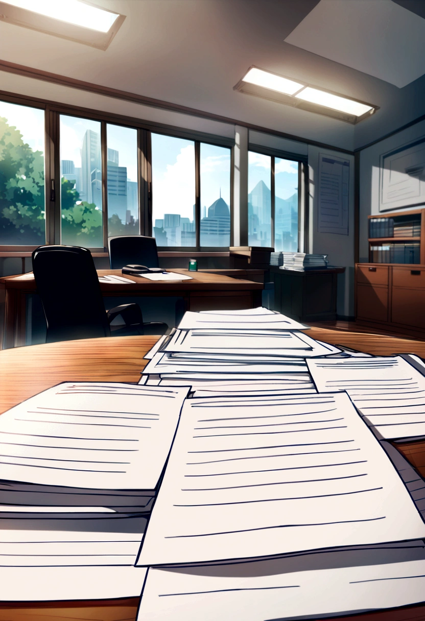 Office room background, documents on table, papers on table, anime style background,