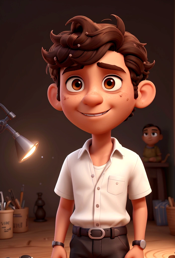 one men, skin fair, dark brown hair, Short and curly hair, white shirt, on a black background with studio light. , 3d character, 3d character, Stylized 3D rendering, 3D character rendering, cartoon character, Personagem de close up, character posing, (Pixar-style) (master part:1.2) (bokeh) (best qualityer) (skin detailed) (detailed texture) (8K) (Argilla) (cinematic lighting) (sharp focus