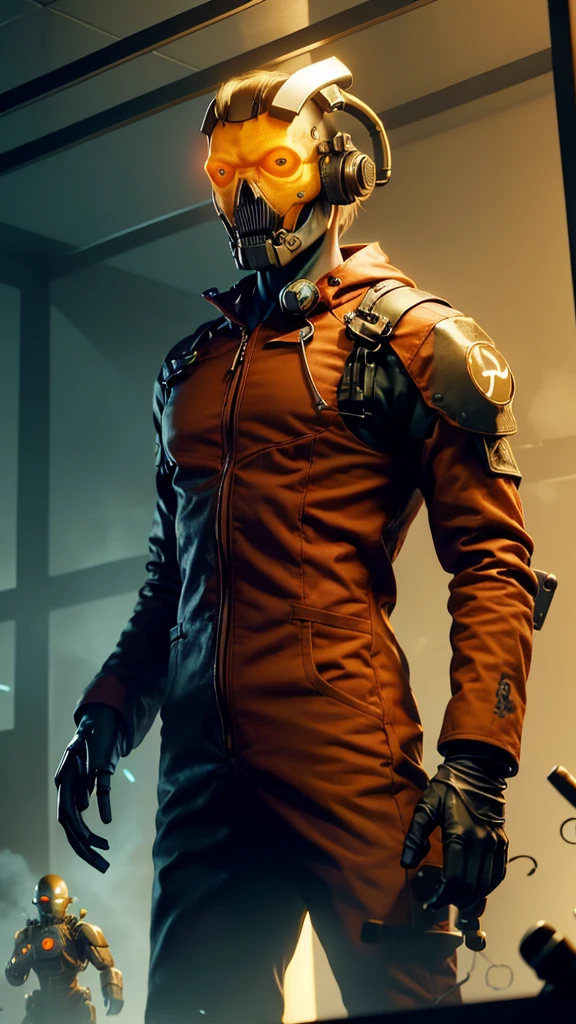 a man wearing an orange jumpsuit standing in front of a glass cage inside is an experimental monster, Strange creature in a futuristic chemical laboratory, a single man wearing a hazmat suit, he being in the alchemist's lab, half-life 3 ( 2 0 2 6 ), future lab 2099, aperture science test chamber, smoke, hazmat suit, still from the movie half-life, the dead and two robots in the void. Images of radioactive symbols are everywhere. Virus biology experiment. A radiation symbol on a white background, radioactive particles, nuclear waste, people. radiation logo. Monster aliens.