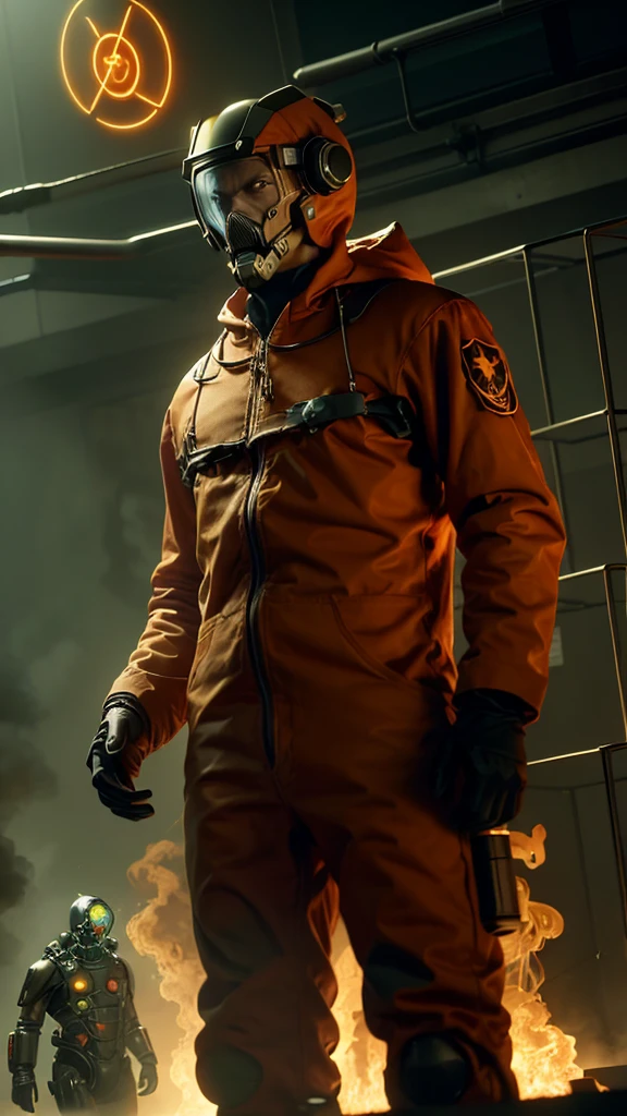 a man wearing an orange jumpsuit standing in front of a glass cage inside is an experimental monster, Strange creature in a futuristic chemical laboratory, a single man wearing a hazmat suit, he being in the alchemist's lab, half-life 3 ( 2 0 2 6 ), future lab 2099, aperture science test chamber, smoke, hazmat suit, still from the movie half-life, the dead and two robots in the void. Images of radioactive symbols are everywhere. Virus biology experiment. A radiation symbol on a white background, radioactive particles, nuclear waste, people. radiation logo. Monster aliens.