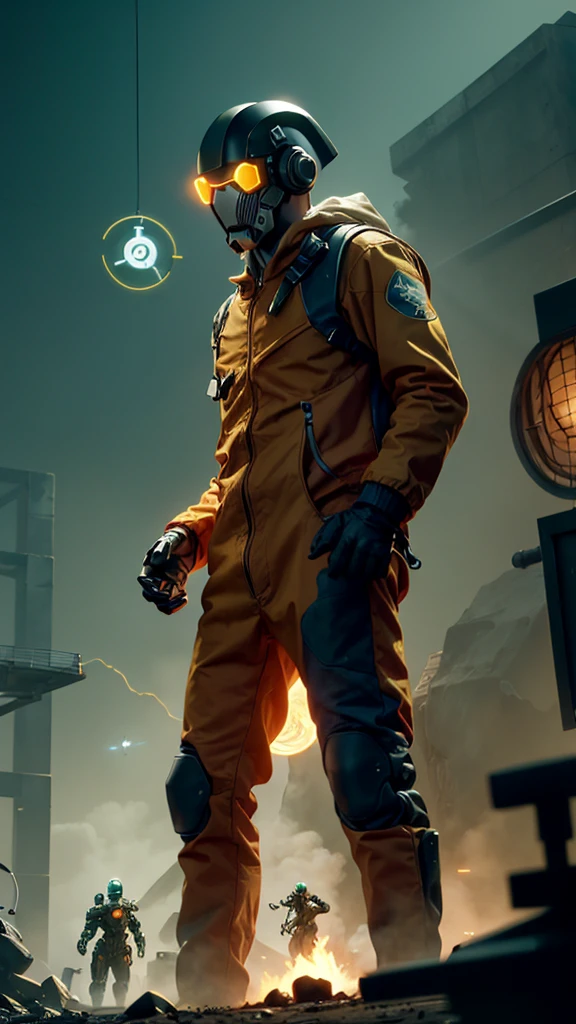 a man wearing an orange jumpsuit standing in front of a glass cage inside is an experimental monster, Strange creature in a futuristic chemical laboratory, a single man wearing a hazmat suit, he being in the alchemist's lab, half-life 3 ( 2 0 2 6 ), future lab 2099, aperture science test chamber, smoke, hazmat suit, still from the movie half-life, the dead and two robots in the void. Images of radioactive symbols are everywhere. Virus biology experiment. A radiation symbol on a white background, radioactive particles, nuclear waste, people. radiation logo. Monster aliens.