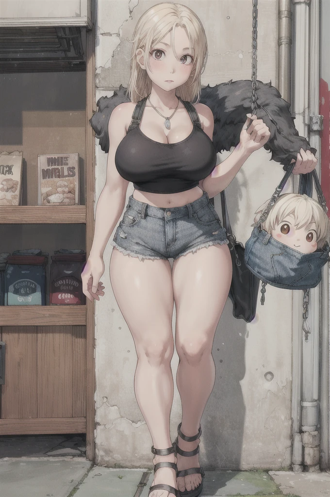 masterpiece, best quality,4girl,young girl, dark_orange eyes, platinum blonde, messy hair,scoffing _face,shiny skin,huge breasts,nice leg line:1.3,thick thighs, thin waist,, Cut-out_crop_top, denim_shorts, gladiator_sandals, pendant_necklace, bucket_bag, , Sneaker_shop,, looking at viewer,from below,full body