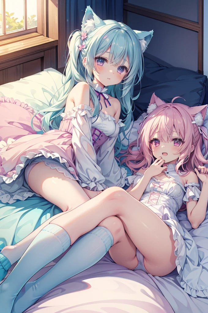 Browsing Caution,Two Girls,Lying down,((Raise both legs)),panties,Have sex,Light blue hair,Light pink hairstyles,Cat ear,Pink Eyes,light blue ta,White socks,,Pink ribbon,Laughing with your mouth open,Best image quality,Highest quality