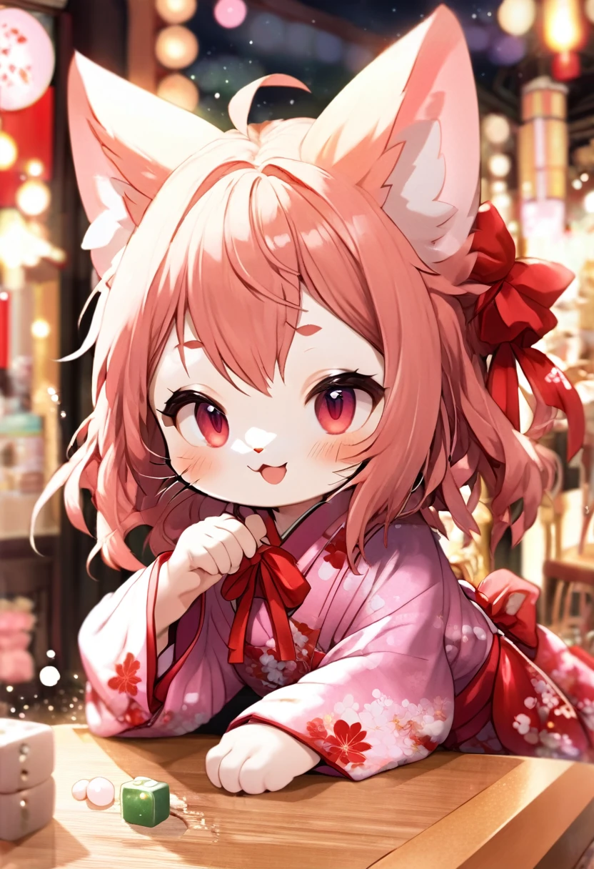 1girl,:3,ahoge,animal_ears,bell,blush,brown_hair,cat_ears,cat_girl,chibi,closed_mouth,commentary,hair_bell,hair_ornament,hair_ribbon,ichihime,japanese_clothes,jazz_jack,jingle_bell,kimono,lowres,mahjong,mahjong_soul,mahjong_table,mahjong_tile,medium_bangs,pink_kimono,red_ribbon,ribbon,short_hair,sleeping,smile,solo,table,upper_body, best quality, masterpiece, nai3