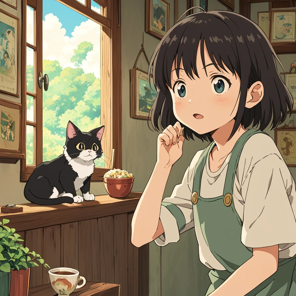 Studio Ghibli-style anime movies, Cat's back view, Sunflower field, masterpiece, Representative works,