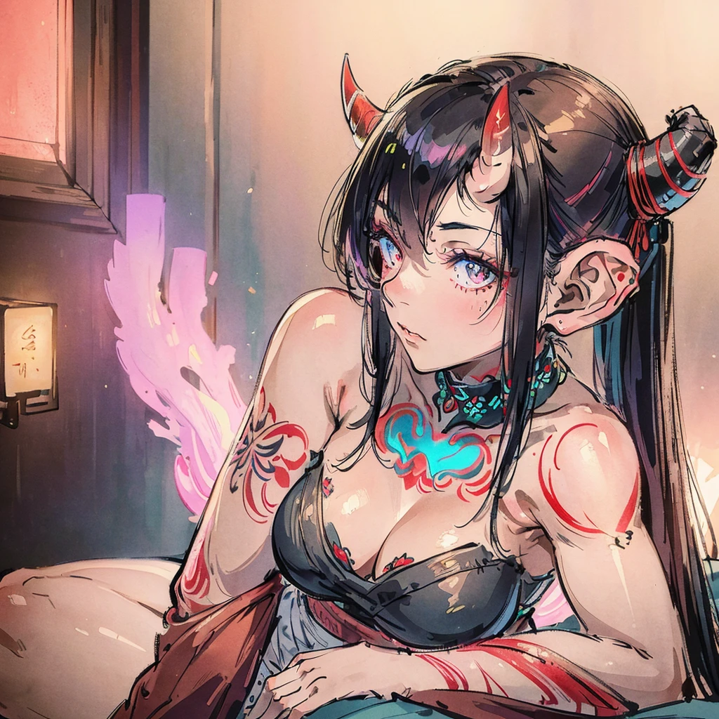 Best quality, masterpiece, A young yakuza girl with small horns with a tattooed face, tattooed shoulders and tattooed arms is sitting in profile  in neon light room