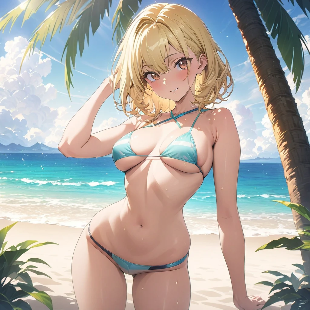 masterpiece, Rich colors, 最high quality, detailed, High resolution, 超high quality, High detail, , high quality, detailed, Skinny sexy girl on the beach , Bright lighting , Brown eyes, anime, Palm tree, Bright lighting, blonde,