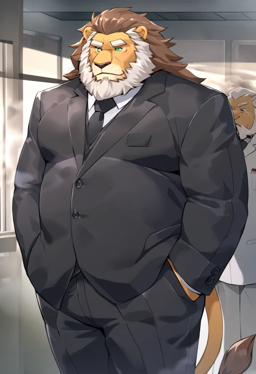 lion,personification,Mature male,Strong Man,Thick beard,Cold expression,Green pupils,Brown eyebrows,Black suit suit,Hands in pockets,The Age of Steam,Hospital Office。