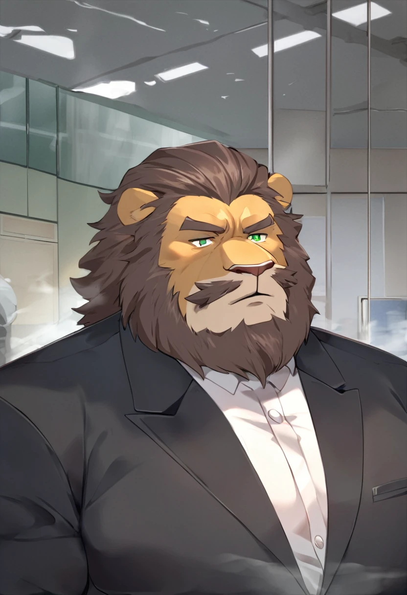 lion,personification,Mature male,Strong Man,Thick beard,Cold expression,Green pupils,Brown eyebrows,Black suit suit,Hands in pockets,The Age of Steam,Hospital Office。