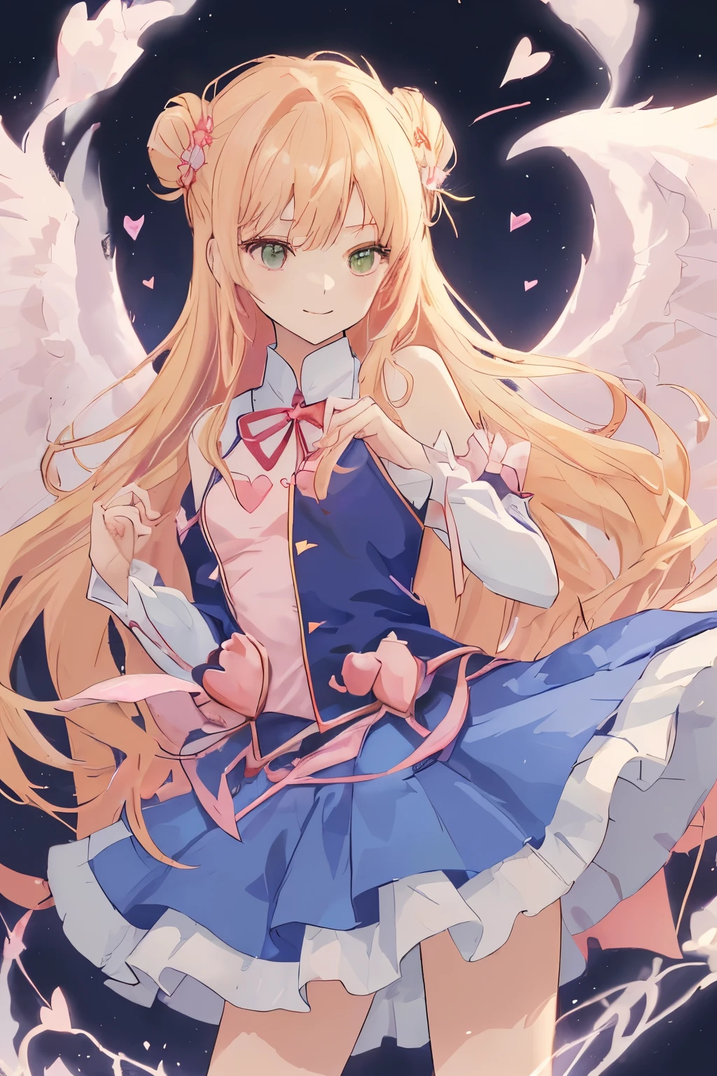 1_girl, (anime, kawai:2), (masterpeice, best_quality, simple, cute, dreamy, vibrant, clean:1.5), (cute, cute_smile, young:1.8), (delicate, beautiful, thin:1.5), (girlfriend, angel:1.6), (green_eyes, simple_eyes:1.5) (long_hair, blond_hair, wearing_pink_dress, pink_angel_wings, sexy_gloves:1.5), extremely_delicate, (love_magic:1.5), (age_size_fits_body), (small_thighs:1.3), (breasts), (eye_level:1.3), (heart_magic, love:1.5), 