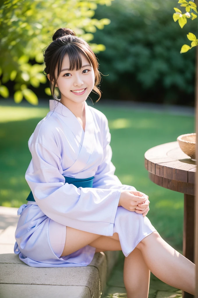 Pure Japanese yukata girl, wearing traditional yukata, natural hair styles, sweet smile, sitting relaxed mood, sweet temptation, refreshing in early summer, professional portrait photography, 