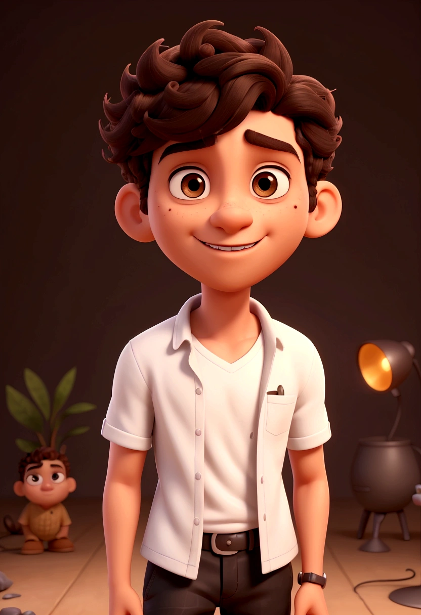 one  men, skin fair, Bblack hair, Short and curly hair, white  shirt, on a black background with studio light. , 3d character, 3d character, Stylized 3D rendering, 3D character rendering, cartoon character, Personagem de close up, character posing, (Pixar-style) (master part:1.2) (bokeh) (best qualityer) (skin detailed) (detailed texture) (8K) (Argilla) (cinematic lighting) (sharp focus) 