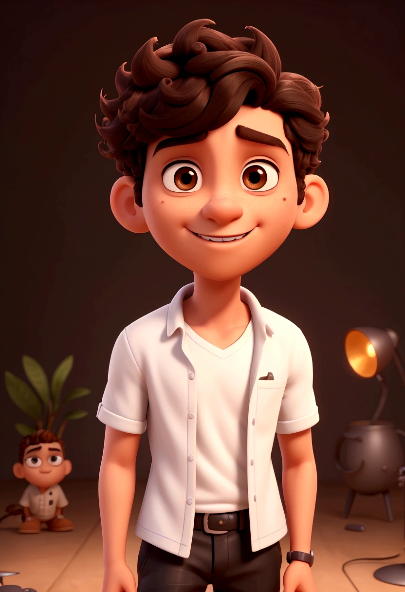 one men, skin fair, Bblack hair, Short and curly hair, white shirt, on a black background with studio light. , 3d character, 3d character, Stylized 3D rendering, 3D character rendering, cartoon character, Personagem de close up, character posing, (Pixar-style) (master part:1.2) (bokeh) (best qualityer) (skin detailed) (detailed texture) (8K) (Argilla) (cinematic lighting) (sharp focus)