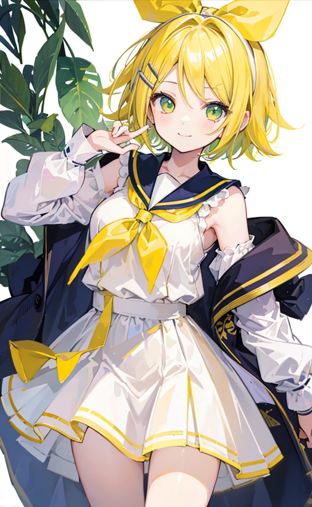 Highest quality、Ultra-precision、One Girl、(Kagamine_Also)、Green Eyes、Cute S、short hair、White Hair Ribbon、Barrette、Blonde、Yellow neckerchief、lingerie、smile、high school student、sister、White background、Large Breasts、Eye、Yellow Eyes