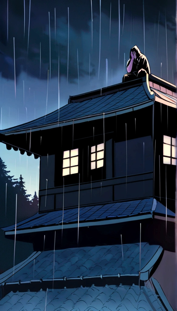 ninja with mask covering his face, on the roof of a house,Feudal Japan, ninja forte, the night, fine and dense rain, Ninja Gaiden style, forest in the background, might, mystery