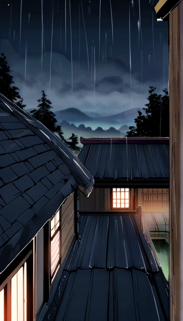 ninja with mask covering his face, on the roof of a house,Feudal Japan, ninja forte, the night, fine and dense rain, Ninja Gaiden style, forest in the background, might, mystery