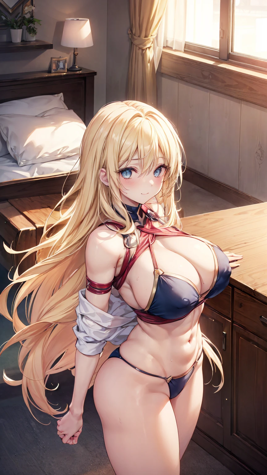 two women、sensual, long blonde hair, thick thighs, 8K, 4k, highest quality, High resolution:1.2), cute anime face, noise reduction, shining blue eyes, gentle smile, kind eyes、toned abdominal muscles, muscular arms, muscular legs, young face, anime eyes, (((big breasts、A chest that is about to burst)))、(((bondage style)))、(((Rear view、I'll turn around、T-back song that digs into your butt)))、(Sophitia Alexandra)、(SFW giant body)