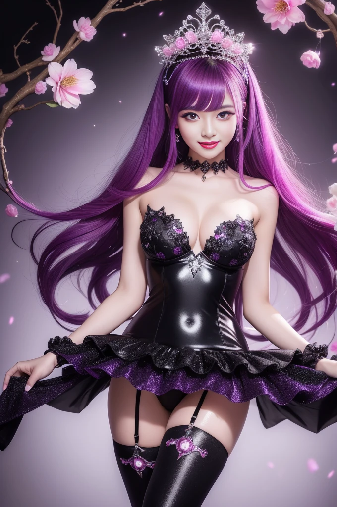 beautiful sexy woman who controls poison、beautiful smile、lipgloss、long lashes、intense makeup、look at the camera、full body Esbian、、sparkling poisoned flower costume、、、、sparkling Colorful hair、secrete poison、skull hair accessories schnet tights、shiny sparkling flowers background