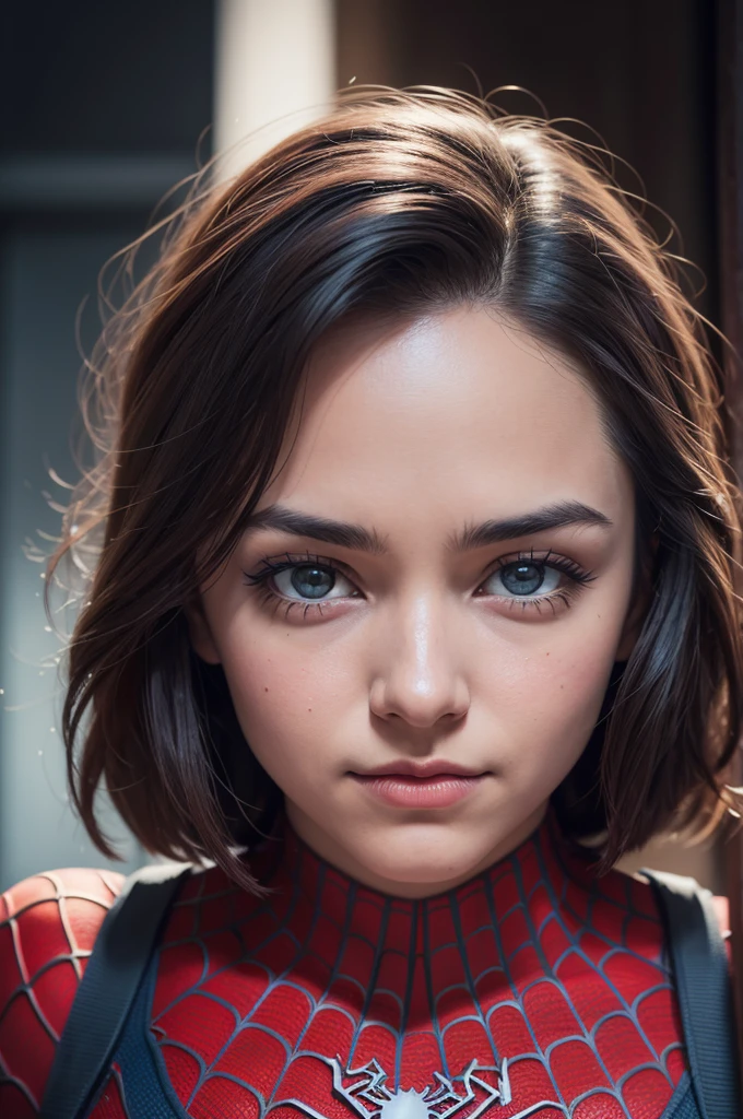 Ultra realistic,Nithya (1women), white and red bindi, solo, (((extremely detailed face))),(((body till knee body))),beautiful detailed eyes,body-parts__, official art, very big boobs, unified 8k wallpaper, super detailed, beautiful and aesthetic, beautiful, masterpiece, best quality, raw, masterpiece, super fine photo, best quality, super high resolution, photorealistic realism, sunlight, (from the front), ((she is wearing a Spider-man suit, red and black color scheme)), spider, very detailed abandoned warehouse background, Detailed face, detailed complex busy background, messy, gorgeous, milky white, highly detailed skin, realistic skin details, visible pores, sharp focus, volumetric fog, 8k uhd, DSLR, high quality, film grain, fair skin, photo realism, lomography, huge metropolis in future dystopia, seen from below, translucent