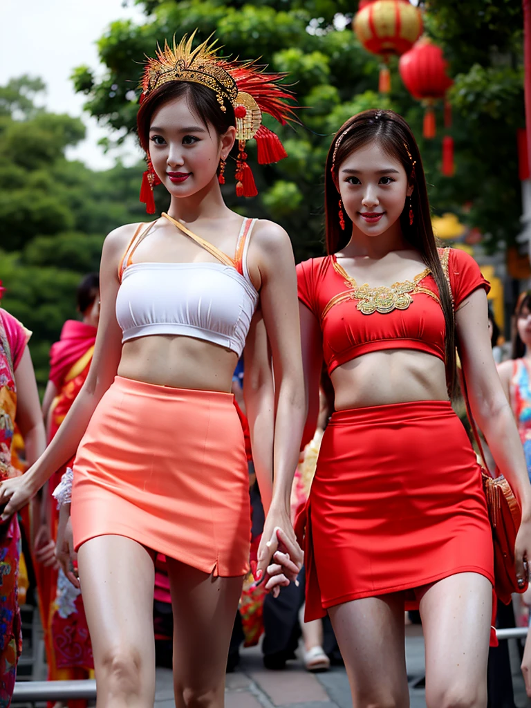 Chinese New Year Outfit, Large breasts, Wearing far Microskirt, 8K - Top Quality, Knee Shot, backview, sexy pose walking up, hour glass body