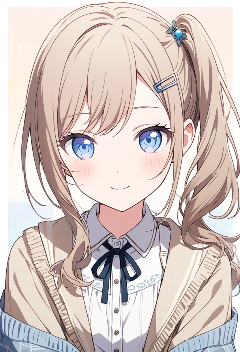 Generate an image of Honami Mochizuki from Project Sekai. She is a high school student with long, straight, light brown hair that has a subtle ash tone. Her hair is styled in a loose side ponytail, often adorned with a simple hair clip or accessory. She has big, gentle blue eyes and a warm, friendly expression.