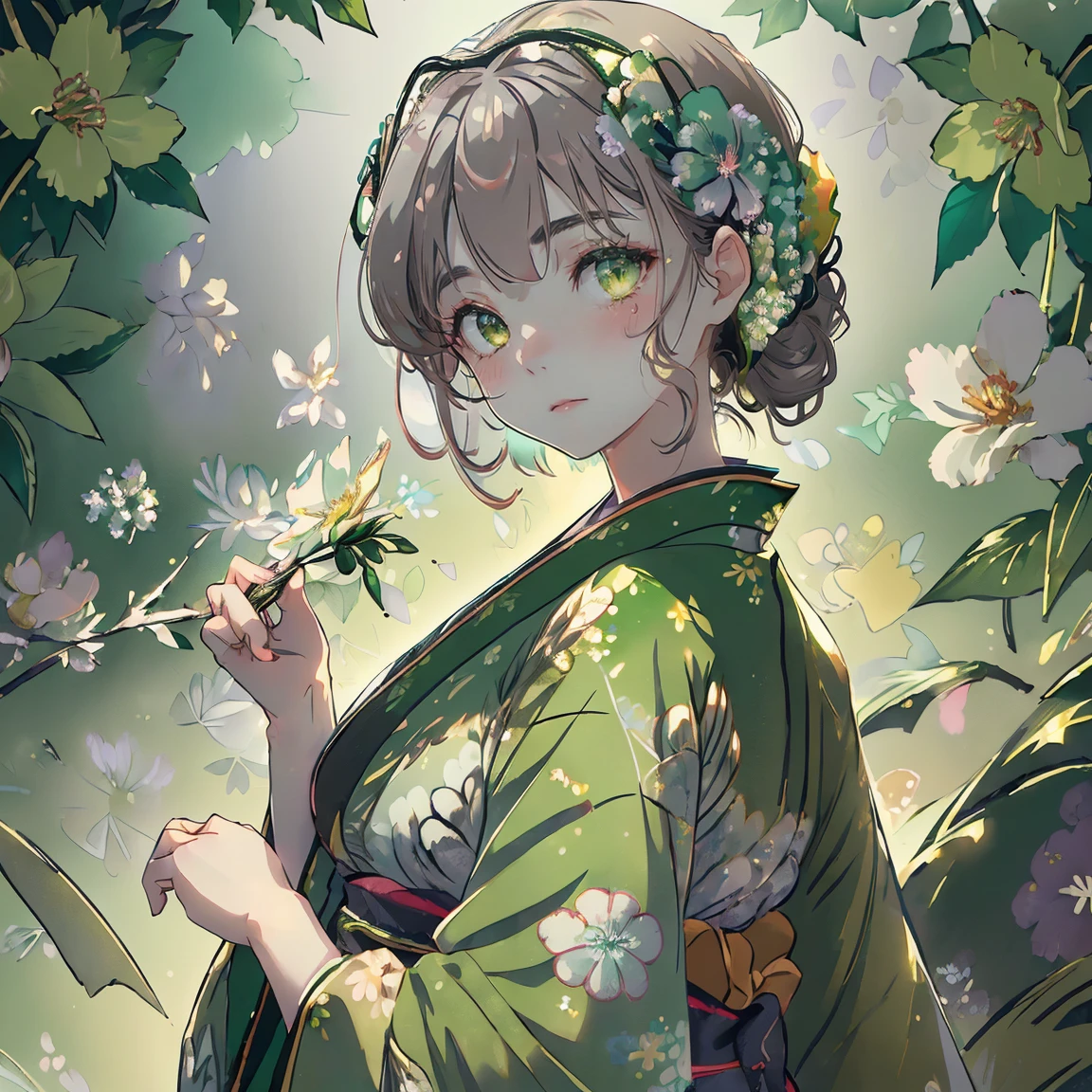 watercolor paiting、(((green floral background:1.3)))、Best Quality, masutepiece, High resolution, (((1girl in))), sixteen years old,(((Eyes are gray:1.3)))、black hair,green kimono,((beautiful green kimono)), Tindall Effect, Realistic, Shadow Studio,Ultramarine Lighting, dual-tone lighting, (High Detail Skins: 1.2)、Pale colored lighting、Dark lighting、 Digital SLR, Photo, High resolution, 4K, 8K, Background blur,Fade out beautifully、green flower world white background