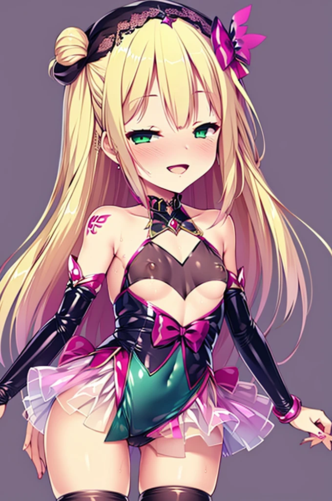 Small breasts,blonde,Hair above one eye,Green Eyes,Laughing with your mouth open,tights, ((Pink magical girl costume)),Removable sleeves,beret,ribbon,(darkness,Simple Background,masterpiece,Best image quality,Highest quality) Browsing Caution