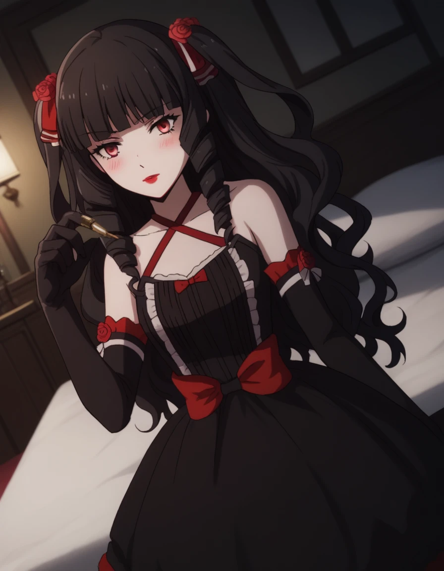 score_9, score_8_superior, score_7_superior, sauce_anime,
ayakokuroba, Ayako Kuroba, Long Hair, bangs, Black Hair, hair ornaments, Red eyes, Hair Ribbon, Hair Flowers, blunt bangs, Rose, Drill Hair, lipstick, Red flower, red Rose, Red lips,
gloves, dress, bow, Bare shoulders, clavicle, Frills, Removable sleeves, black gloves, elbow gloves, black dress, Halter neck,
indoor, bed, bed room, ~ side, blush, Drunk,
alone, Dutch Angle, View your viewers, Cowboy Shot,