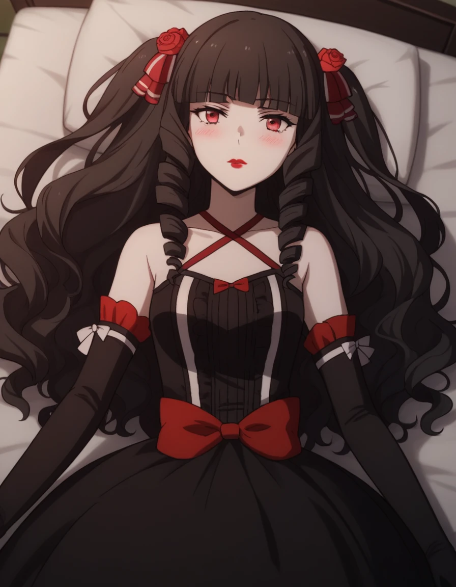 score_9, score_8_superior, score_7_superior, sauce_anime,
ayakokuroba, Ayako Kuroba, Long Hair, bangs, Black Hair, hair ornaments, Red eyes, Hair Ribbon, Hair Flowers, blunt bangs, Rose, Drill Hair, lipstick, Red flower, red Rose, Red lips,
gloves, dress, bow, Bare shoulders, clavicle, Frills, Removable sleeves, black gloves, elbow gloves, black dress, Halter neck,
indoor, bed, bed room, ~ side, blush, Drunk,
alone, Dutch Angle, View your viewers, Cowboy Shot,