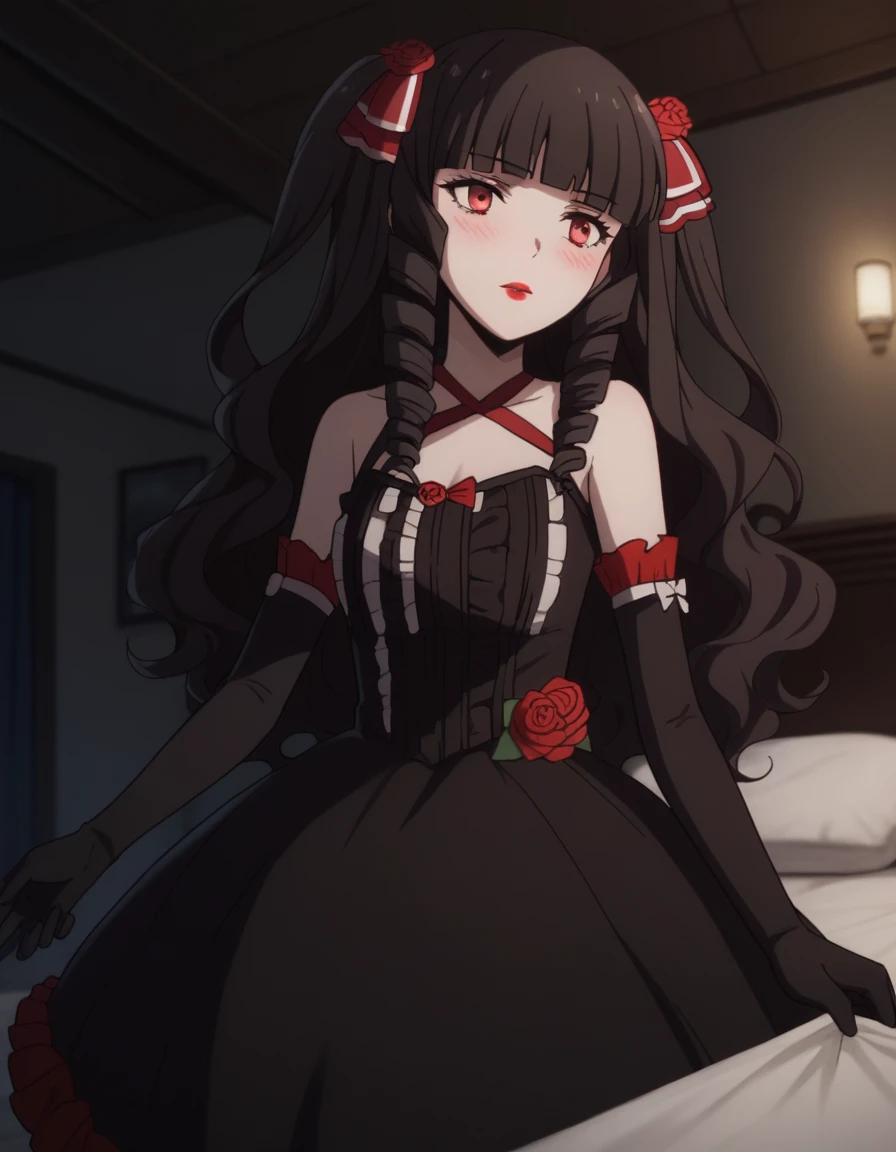 score_9, score_8_superior, score_7_superior, sauce_anime,
ayakokuroba, Ayako Kuroba, Long Hair, bangs, Black Hair, hair ornaments, Red eyes, Hair Ribbon, Hair Flowers, blunt bangs, Rose, Drill Hair, lipstick, Red flower, red Rose, Red lips,
gloves, dress, bow, Bare shoulders, clavicle, Frills, Removable sleeves, black gloves, elbow gloves, black dress, Halter neck,
indoor, bed, bed room, ~ side, blush, Drunk,
alone, Dutch Angle, View your viewers, Cowboy Shot,