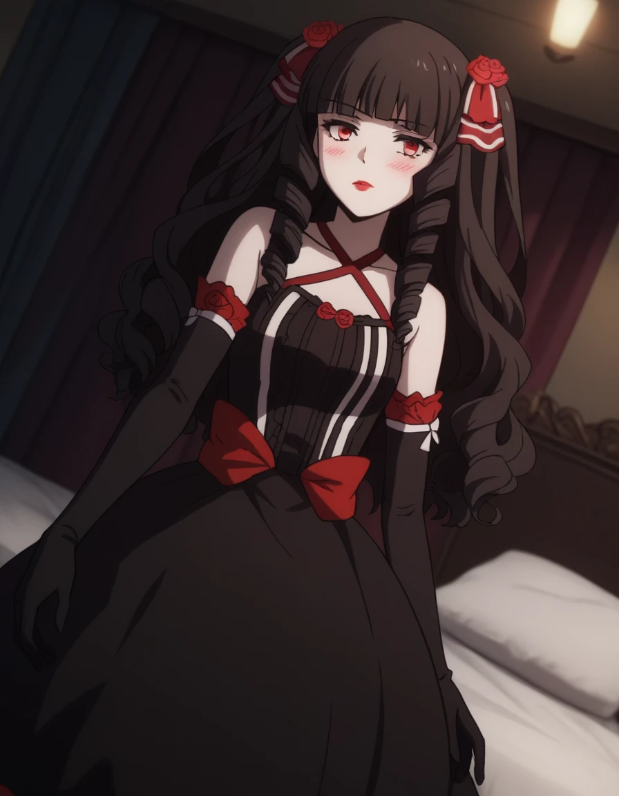 score_9, score_8_superior, score_7_superior, sauce_anime,
ayakokuroba, Ayako Kuroba, Long Hair, bangs, Black Hair, hair ornaments, Red eyes, Hair Ribbon, Hair Flowers, blunt bangs, Rose, Drill Hair, lipstick, Red flower, red Rose, Red lips,
gloves, dress, bow, Bare shoulders, clavicle, Frills, Removable sleeves, black gloves, elbow gloves, black dress, Halter neck,
indoor, bed, bed room, ~ side, blush, Drunk,
alone, Dutch Angle, View your viewers, Cowboy Shot,