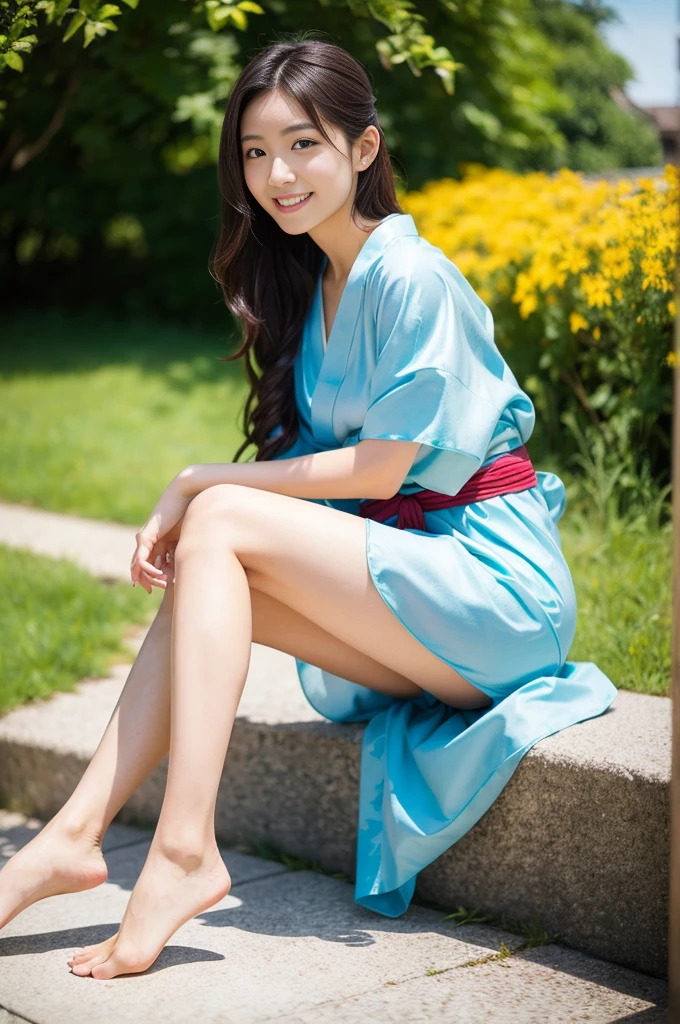 Pure Japanese yukata girl, natural body, beautiful legs, wearing traditional yukata, natural hair styles, pure smile, refreshing in early summer sunlight, feeling soft breeze in hair, sitting and relaxing, professional portrait photography, film photography, 35mm negative film,