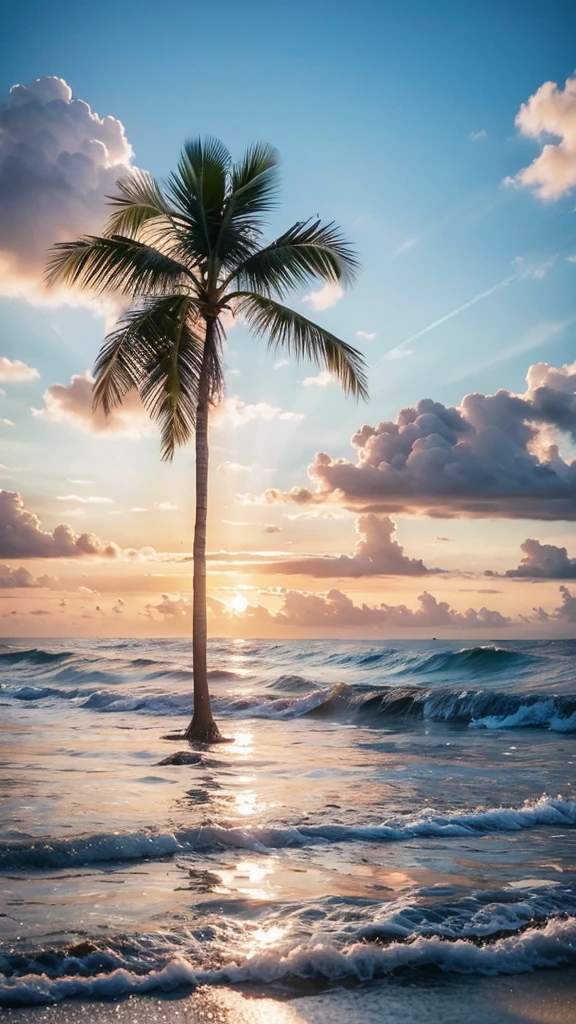 (Highest quality,masterpiece:1.3,Ultra-high resolution),(Super detailed,Caustics,8K), (Photorealistic:1.4, RAW shooting),The sea sparkling with reflected light,Sunset sky,White cloud,Tropical Island,Palm tree,Sunset,Natural light,Low position,Low - Angle