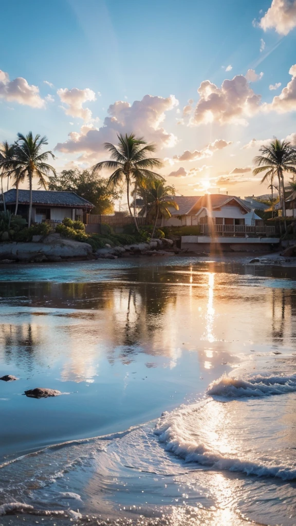 (Highest quality,masterpiece:1.3,Ultra-high resolution),(Super detailed,Caustics,8K), (Photorealistic:1.4, RAW shooting),The sea sparkling with reflected light,Sunset sky,White cloud,Tropical Island,Palm tree,Sunset,Natural light,Low position,Low - Angle