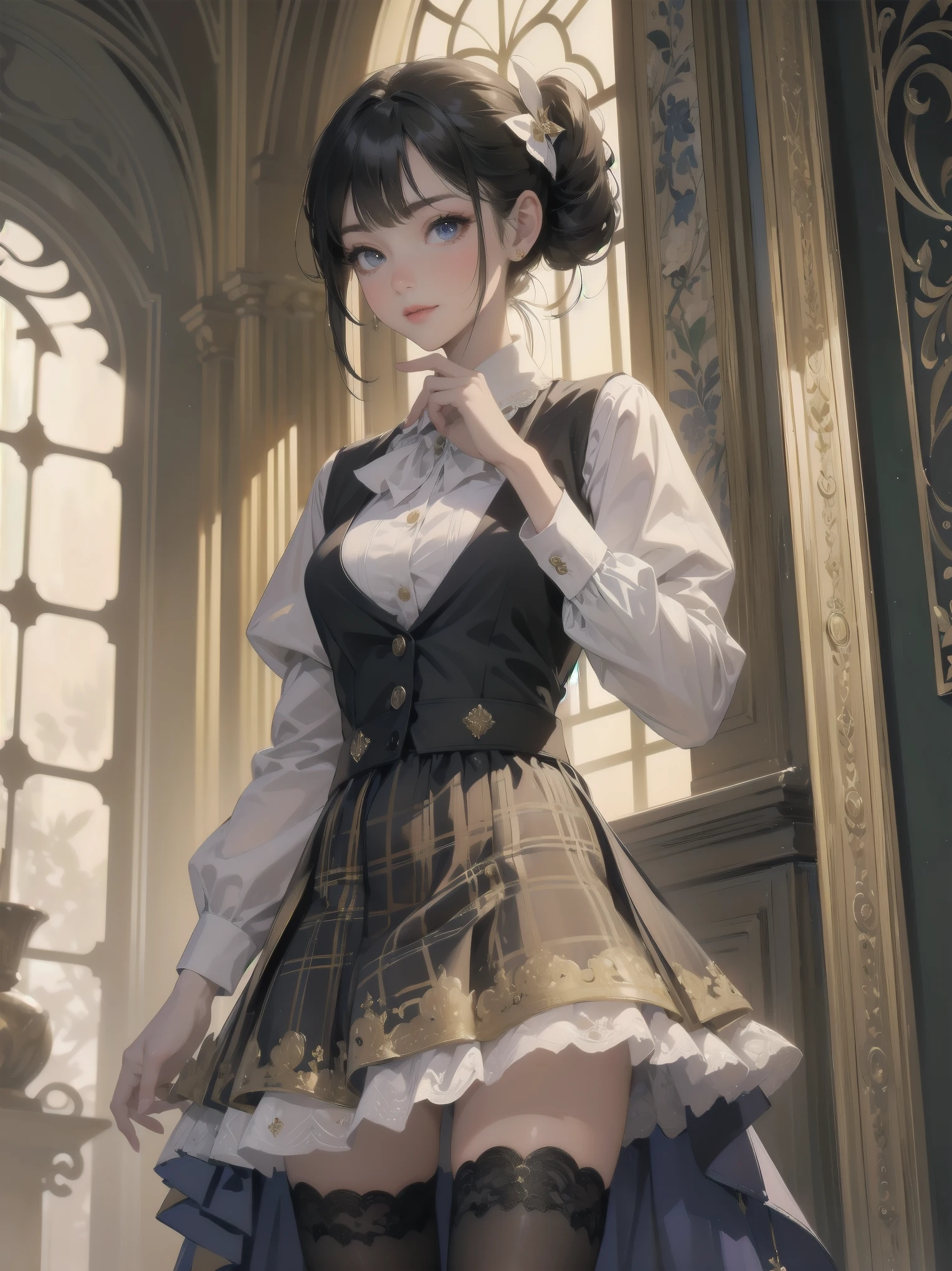 A lavish, photorealistic illustration of Soro, a charming 19th-century maiden, exudes elegance in a masterfully crafted scene. Framed by a ornate, gilded archway, she stands poised, her twintails adorned with sparkling bows, her cardigan vest and short-sleeved shirt perfectly complementing her plaid skirt. Over black legwear, her loafers add a touch of whimsy. A radiant smile spreads across her face, her eyes sparkling like diamonds in the soft, golden light. Every detail, from the intricate lace trim to the delicate folds of her garments, is meticulously rendered by a master illustrator's hand, Dynamic angle shooting by Spielberg、Audrey Hepburn&#39;s acting instruction: Dynamic poses