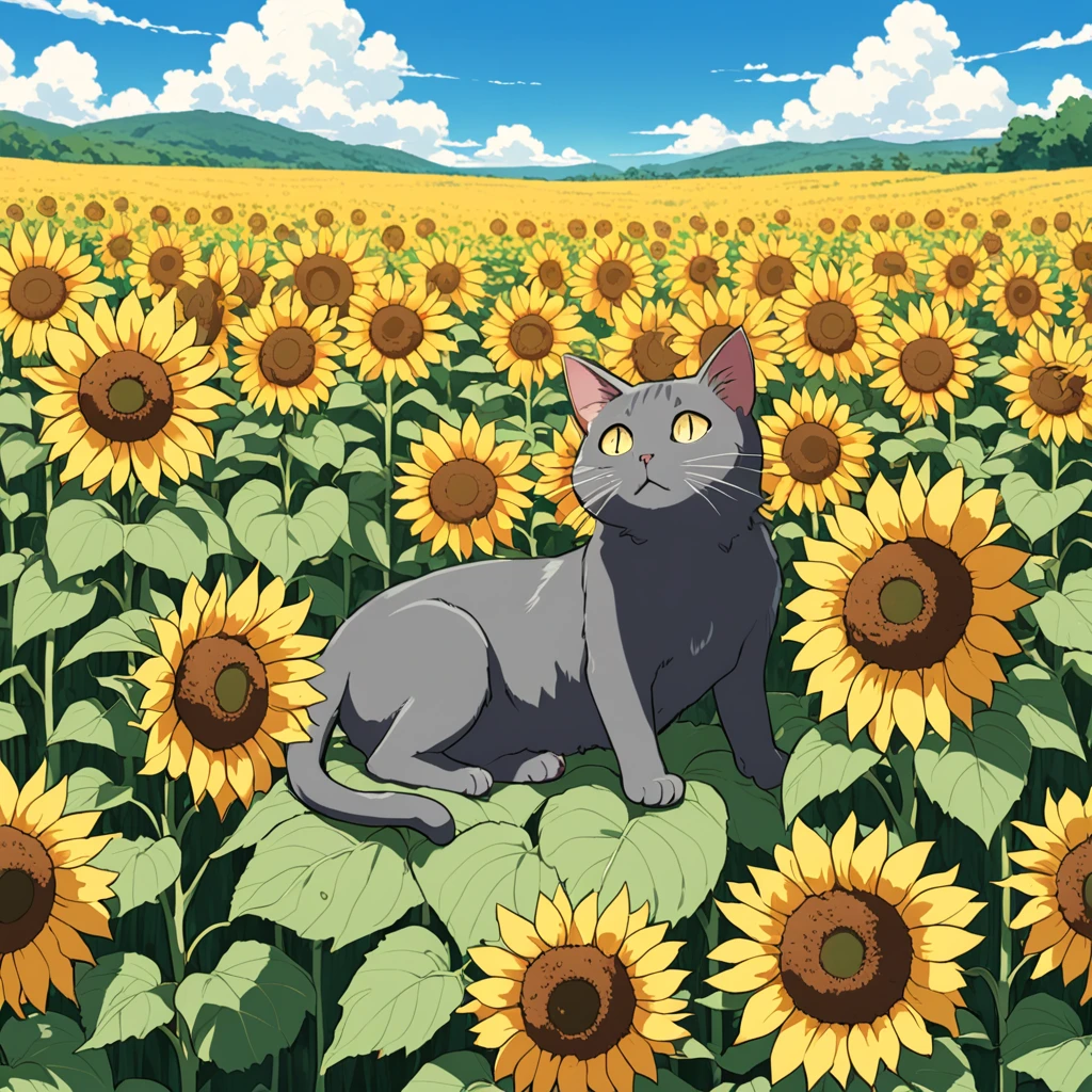 A cat is sunbathing in a sunflower field、Studio Ghibli anime style