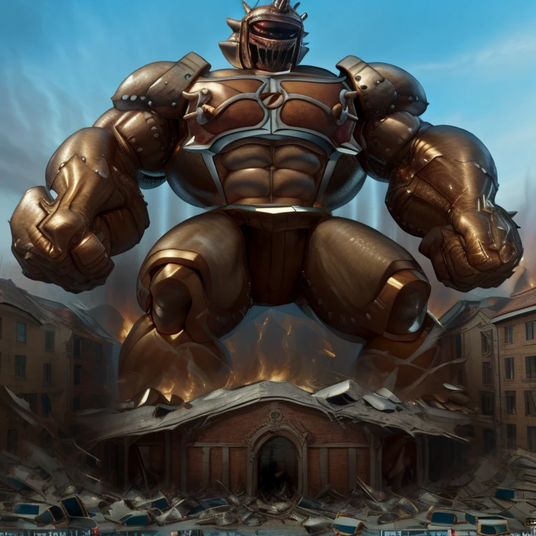 SOLO (masterpiece. official art. 8k. best quality. detailed full body. full body.)

(situation 1 : dominating Armored Flazzard. Armored Flazzard is over 1000 meters long. focus GIANT mechanical Muscular Armored Flazzard is trampling the city. Looking down. macro. stomp. Low-angle perspective. emphasizing the immense size.)

(situation 2 :smoke and flames rising from the destruction in the city)

(Additional details 1: real texture material. whole body shines like metal. emphasizes the muscles. suit fully made of metal.).

(Additional details 2: Detailed head. Detailed Body. Detailed abs. gigantic muscles. HYPER MUSCLES. Gigachad Muscular. big muscle. pecs. triceps. traps. unusually developed muscular body. body full of huge muscles. showing off muscles. pectorales enormes. Exaggeratedly huge muscles. huge muscles. long legs.).
his back he wears a golden cloak.