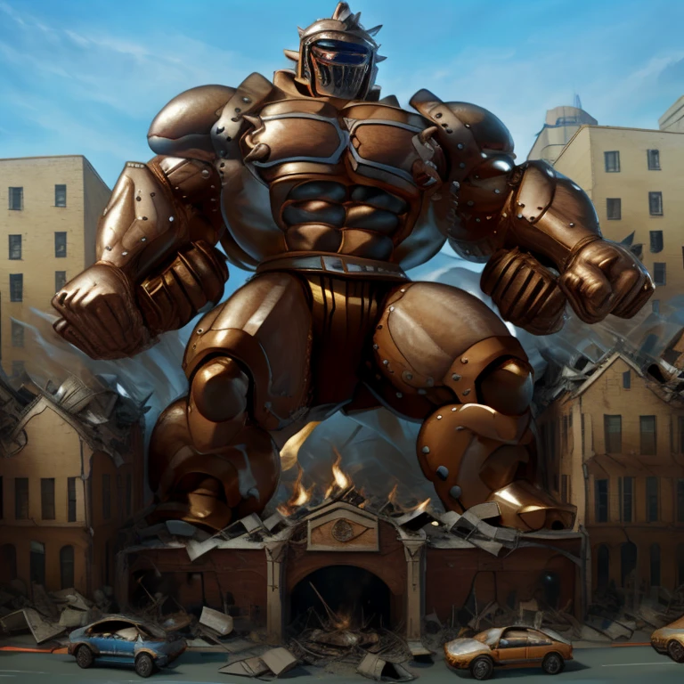 SOLO (masterpiece. official art. 8k. best quality. detailed full body. full body.)

(situation 1 : dominating Armored Flazzard. Armored Flazzard is over 1000 meters long. focus GIANT mechanical Muscular Armored Flazzard is trampling the city. Looking down. macro. stomp. Low-angle perspective. emphasizing the immense size.)

(situation 2 :smoke and flames rising from the destruction in the city)

(Additional details 1: real texture material. whole body shines like metal. emphasizes the muscles. suit fully made of metal.).

(Additional details 2: Detailed head. Detailed Body. Detailed abs. gigantic muscles. HYPER MUSCLES. Gigachad Muscular. big muscle. pecs. triceps. traps. unusually developed muscular body. body full of huge muscles. showing off muscles. pectorales enormes. Exaggeratedly huge muscles. huge muscles. long legs.).
his back he wears a golden cloak.