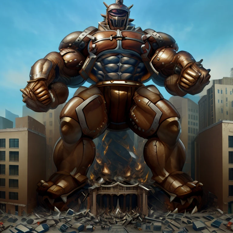 SOLO (masterpiece. official art. 8k. best quality. detailed full body. full body.)

(situation 1 : dominating Armored Flazzard. Armored Flazzard is over 1000 meters long. focus GIANT mechanical Muscular Armored Flazzard is trampling the city. Looking down. macro. stomp. Low-angle perspective. emphasizing the immense size.)

(situation 2 :smoke and flames rising from the destruction in the city)

(Additional details 1: real texture material. whole body shines like metal. emphasizes the muscles. suit fully made of metal.).

(Additional details 2: Detailed head. Detailed Body. Detailed abs. gigantic muscles. HYPER MUSCLES. Gigachad Muscular. big muscle. pecs. triceps. traps. unusually developed muscular body. body full of huge muscles. showing off muscles. pectorales enormes. Exaggeratedly huge muscles. huge muscles. long legs.).
his back he wears a golden cloak.