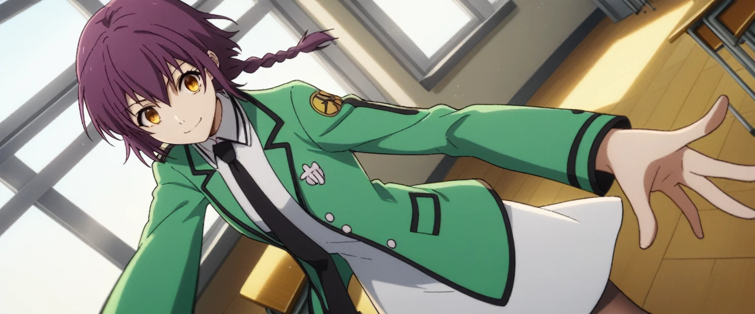 score_9, score_8_superior, score_7_superior, sauce_anime,
minamisakurai, Minami Sakurai, Brown eyes, Yellow Eyes, Purple Hair, Braiding, single Braiding, Hair that falls over the shoulders,
Long sleeve, dress, , pantyhose, tie, white dress, black tie, Green jacket,
indoor, classroom, I had already finished, smile,
alone, Dutch Angle, View your viewers, Cowboy Shot,