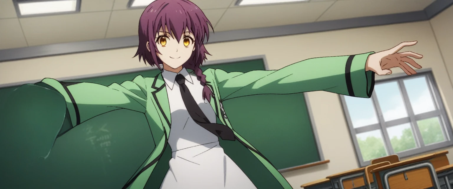 score_9, score_8_superior, score_7_superior, sauce_anime,
minamisakurai, Minami Sakurai, Brown eyes, Yellow Eyes, Purple Hair, Braiding, single Braiding, Hair that falls over the shoulders,
Long sleeve, dress, , pantyhose, tie, white dress, black tie, Green jacket,
indoor, classroom, I had already finished, smile,
alone, Dutch Angle, View your viewers, Cowboy Shot,