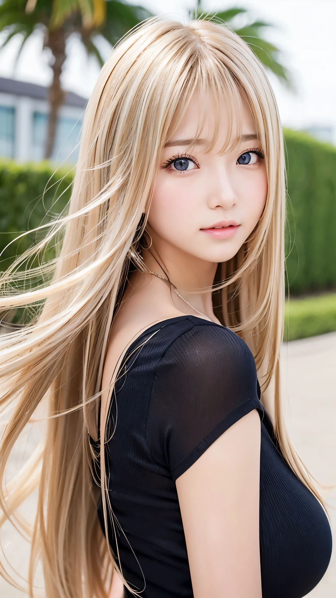 sexy big breasts、14 year old beautiful girl sexy cute looks and cute, beautiful and sexy face、The strong wind blows the hair in front of my face、Beautiful long metallic blonde straight hair with beautiful cute and sexy eyes hidden in her long bangs