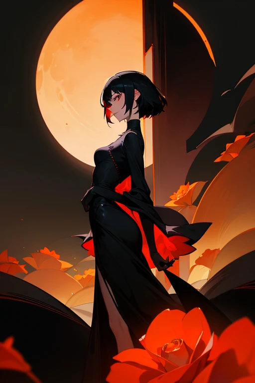 Goth woman with delicate and slim body fair complexion black short hair with delicate black korean eyes standing in a black gown like attire in her left profile looking over with a pitch black background with red roses having an orangish red gleam over them and them being behind the woman is slightly being lit upon by that reddish orange gleam as well